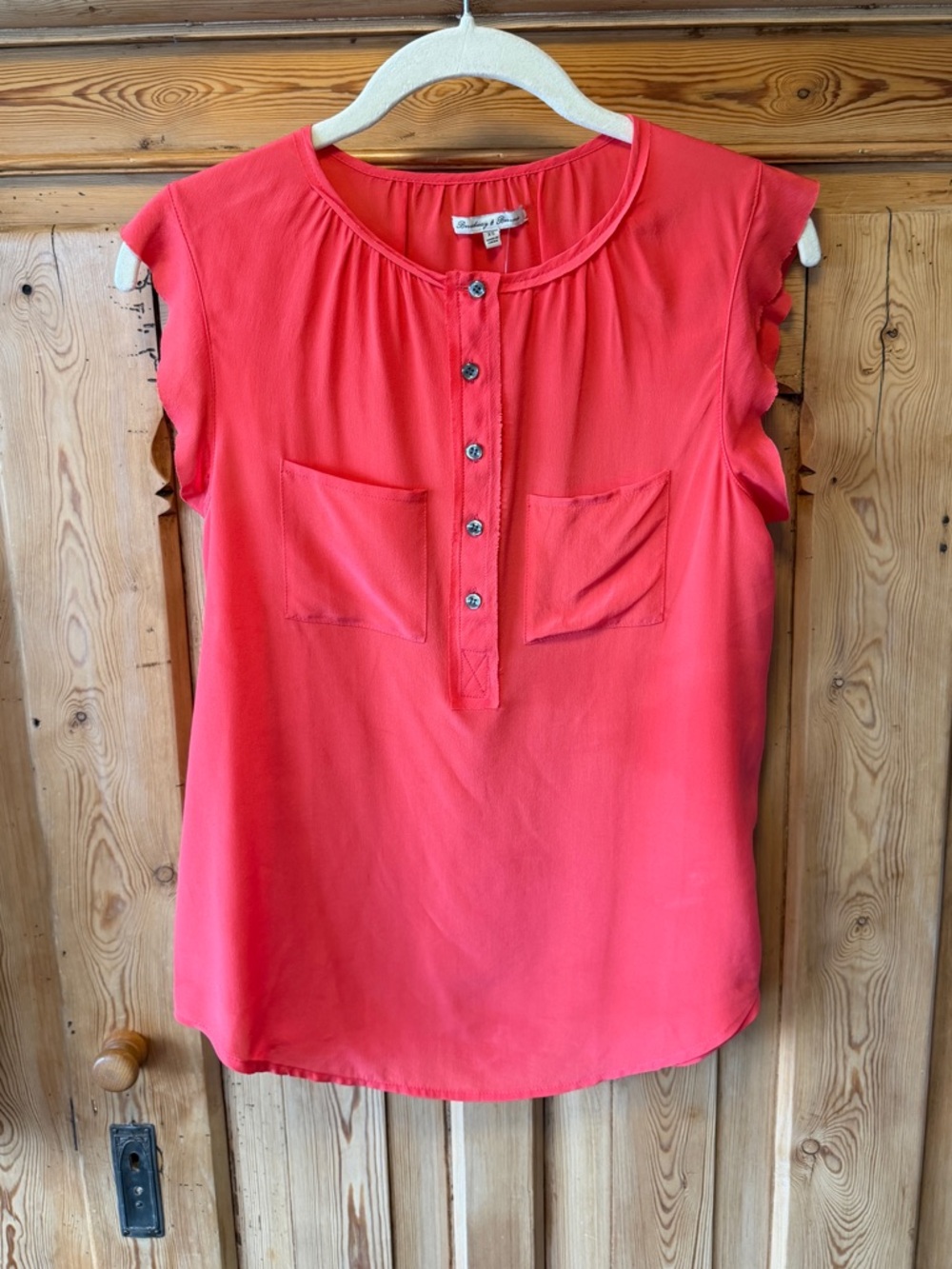 Madewell Silk Broadway & Broome Coral-Red Women's Button Front Silk Henley Top - Picture 13 of 13